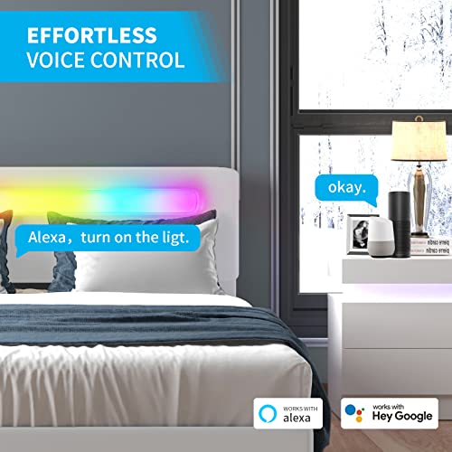 Horgaeo Upholstered Bed Frame With Rgb Light, 4 Drawers,Adjustable Headboard, Queen Faux Leather Platform Bed Frame With Wooden Slats,Compatible With Alexa&Google Assistant, No Box Spring Needed,White #TOP3