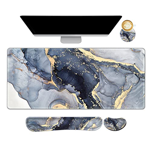 Image of ArtSo Large Gaming Mouse Pad, Keyboard Wrist Rest Pad & Wrist Support Mousepad Set, Stitched Edge, Extended, Non-Slip Base, Memory Foam,Multifunctional Desk Mat 4pcs for Office & Home, Gilt Marble
