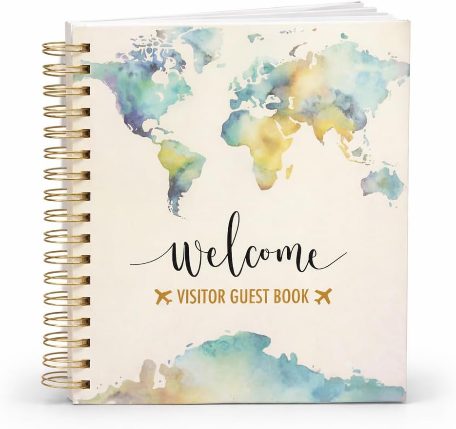 Paper 'n Such Guest Book for Rental House - Vacation Home - Short Term Rentals, Host Essentials, Spiral Hardcover Welcome Log for Airbnbs- 200 Pages (World Map)