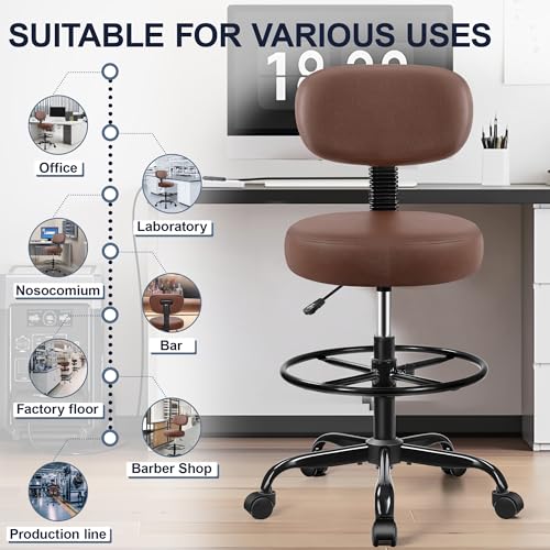 Image of Brick Attic Drafting Chair with Backrest - Adjustable Foot Rest Rolling Stool with Wheels, PU Leather Swivel Stool for Office Spa Studio Lab Counter Salon Home Work Bar Kitchen Shop(Brown)