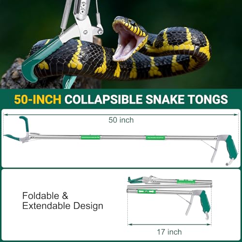 Image of Snake Collapsible Grabber Tool, 50 inch Snake Tongs Stick Professional Extra Heavy Duty Reptile Catcher Grabber Wide Jaw Handling Tool with Lock, Non-Slip Grip for Safe Snake Handling Rattlesnake Catching