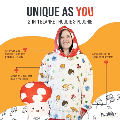 Image of Plushible Wearable Blanket Hoodie, Micey Mushroom, 2-in-1 Oversized Hoodie Blanket Pillow, Long Sleeve Sweatshirt Pocket, Cozy Gift