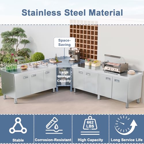 Image of KINGBO Stainless Steel Corner Cabinet Heavy Duty Prep Table with 304 Stainless Steel Worktop Commercial Worktable Workbench with Storage Cabinet for Kitchen Garage Restaurant Outdoor