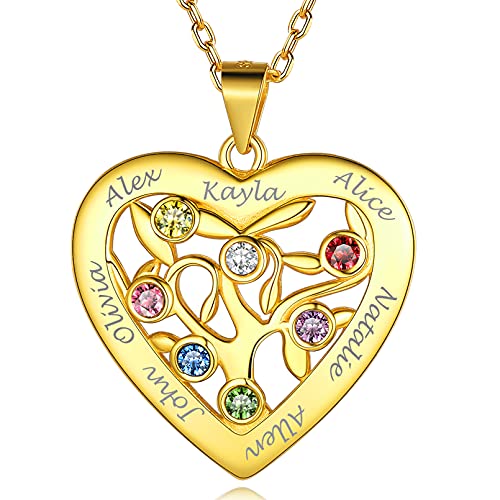 Custom4U Personalized Birthstone Name Necklace - Heart & Round Pendants Sterling Silver & Stainless Steel Family Tree of Life Charm Mother's Day Jewelry Gift for Women Mom Grandma 2-Gold-7 n