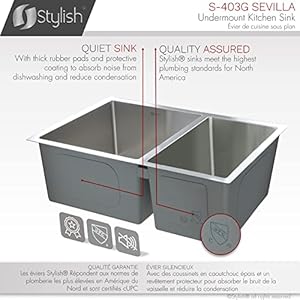 Stylish 28 x 18 Inch Undermount Kitchen Sink 9 Inches Deep Reversible 10mm Radius Corners 18G Double Bowl Stainless Steel Sink with Bottom Grids and Standard Metal Strainers, S-403G Stylish 28 x 18 Inch Undermount Kitchen Sink 9 Inches Deep Reversible 10mm Radius Corners 18G Double Bowl Stainless Steel Sink with Bottom Grids and Standard Metal Strainers S 403G