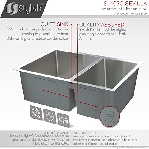 Stylish-28-x-18-Inch-Undermount-Kitchen-Sink-9-Inches-Deep-Reversible-10mm-Radius-Corners-18G-Double-Bowl-Stainless-Steel-Sink-with-Bottom-Grids-and-Standard-Metal-Strainers-S-403G Stylish 28 x 18 Inch Undermount Kitchen Sink 9 Inches Deep Reversible 10mm Radius Corners 18G Double Bowl Stainless Steel Sink with Bottom Grids and Standard Metal Strainers S 403G