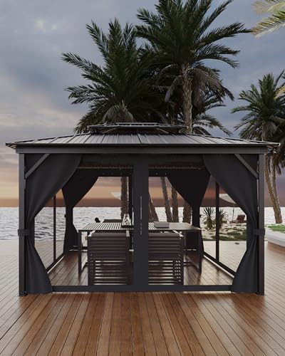 10x12 Ft Hardtop Gazebos with Heavy Duty Double Roof, Nettings and Curtains Galvanized Steel Outdoor Gazebos for Patio, Backyard, Deck, Lawn (Grey)