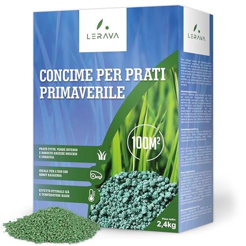 LERAVA Concime Prato Primavera (100m²) - Fertilizzante per Prato Verde e Rigoglioso - Concime Azotato Antimuschio a Lenta Cessione - Rigenerazione e Nutrizione del Tappeto Erboso per Tutta la Stagione
