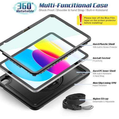 SEYMAC stock iPad A16 第11世代11インチ/第10世代10.9インチ専用ケース 耐衝撃 Gフック式ハンドストラップ 360°回転スタンド ペン収納 ショルダーストラップ フィルム付き前面フレーム 全面保護カバー (ブラック)