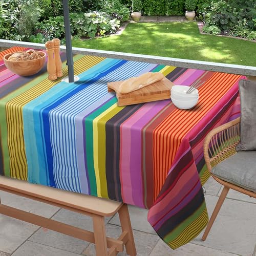 Virtumob Outdoor Tablecloth with Umbrella Hole and Zipper Rectangle Patio Table Covers for Spring/Summer Machine Washable Outdoor Picnic Table Cloth (02stripes 60 84 Rectangular)