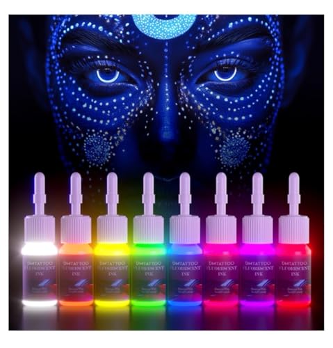 8Color Fluorescent Tattoo Ink Set 8Pcs Tattoo Ink Color Set Glow in The Blacklight Skin-Safe Permanent Tattooing for 3D Makeup Beauty Skin Body Art 0.17fl oz 5ml/Bottle