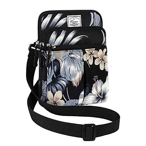 KAMO Multifunction Phone Bag One Shoulder Phone Waist Bag Diagonal Cross Bag Smart Phone Case Outdoor Bag Triple Zip Hipster Crossbody Purse for Women & Men Black-flowers