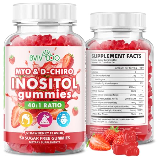 BVIVLOO Myo-Inositol & D-Chiro-Inositol Gummies with Vitamin D3 Magnesium Glycinate Folate & Zinc Inositol Supplement for Female Health Sugar Free Strawberry Flavor 60 Count