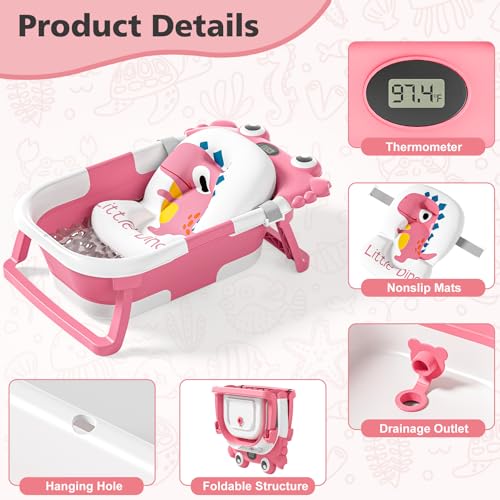 Image of Collapsible Baby Bathtub for Newborns with Thermometer and Soft Floating Cushion Portable and Foldable Travel Baby Girl Bath Tub for Infants to Toddler 0-36 Month (Pink)
