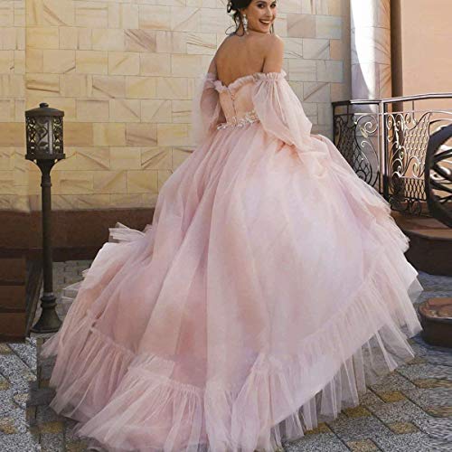 Puffy Sleeve Tulle Prom Dresses 2025 Long Lace Ball Gown Off Shoulder Formal Dresses for Women Evening Party2