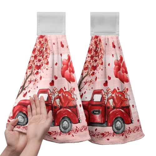 Kwlegh Valentine Hanging Kitchen Towels Red Truck Gnome Love Heart Tree Hand Towel with Hanging Loop Sweet Romantic Dish Tie Towels Bath Towel for Anniversary Wedding Home Decor Set of 2