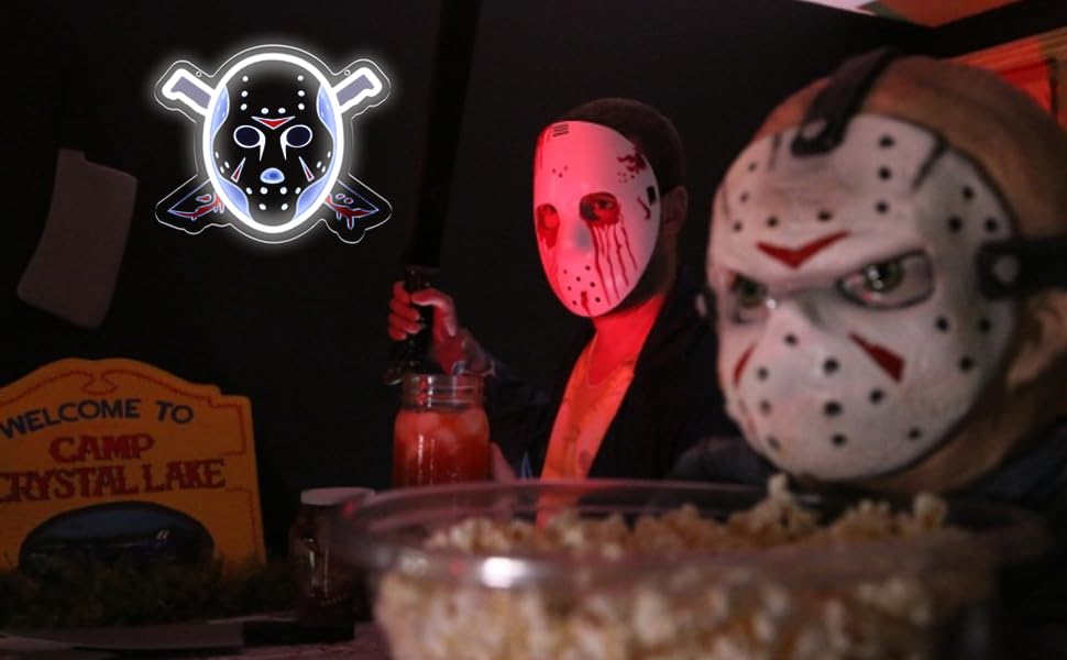 Image of Horror Mask LED Neon Sign, Scary Slasher Jason Neon Light for Wall Decor, 12 * 10 Inches, USB Powered Neon Lamp for Halloween, Bar, Gaming Room, Man Cave, Horror Movie Room Decor