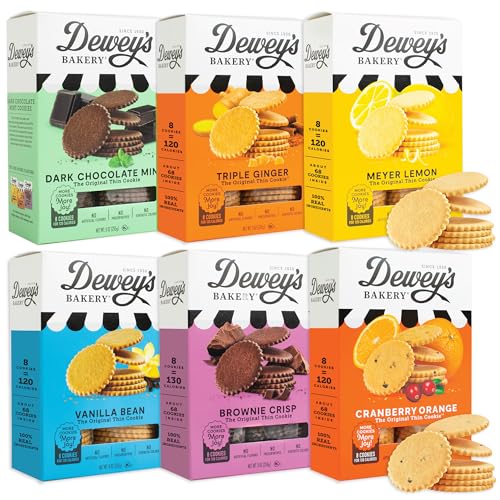 Dewey's Bakery Classic Complete Cookie Collection | Meyer Lemon, Brownie Crisp, Triple Ginger, Key Lime, Vanilla Bean, Dark Chocolate Mint Moravian Cookie Thins | 9 oz (Pack of 6)