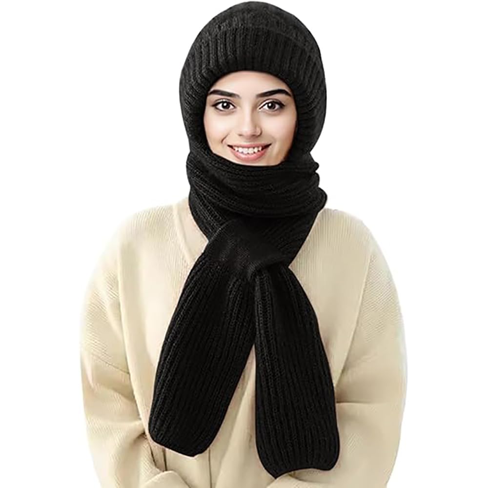 LNBLAKBXBD Integrated Ear Protection Windproof Cap Scarf Hat,Winter Versatile Knitted Hooded Scarf for Women (Black)