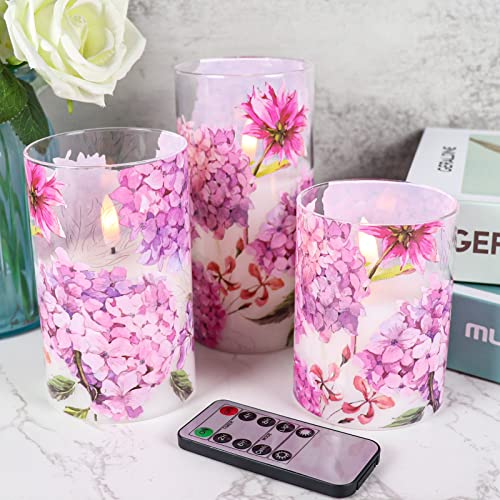 Image of Pink Hydrangea Glass Flameless Candles with Remote Timer Battery Operated LED Pillar Candles Realistic 3D Wick Flickering Real Wax Wedding Dinner Holiday Decor Candle 3 x 4,5,6 Inches