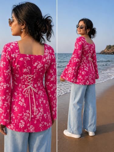 Image of SONISHA Women's Rayon Floral Print Short Kurti for Women Elegance Square Neck, Long Sleeves with Style Criss Cross Back Kurti, Top for Office Wear, Casual, Outdoor