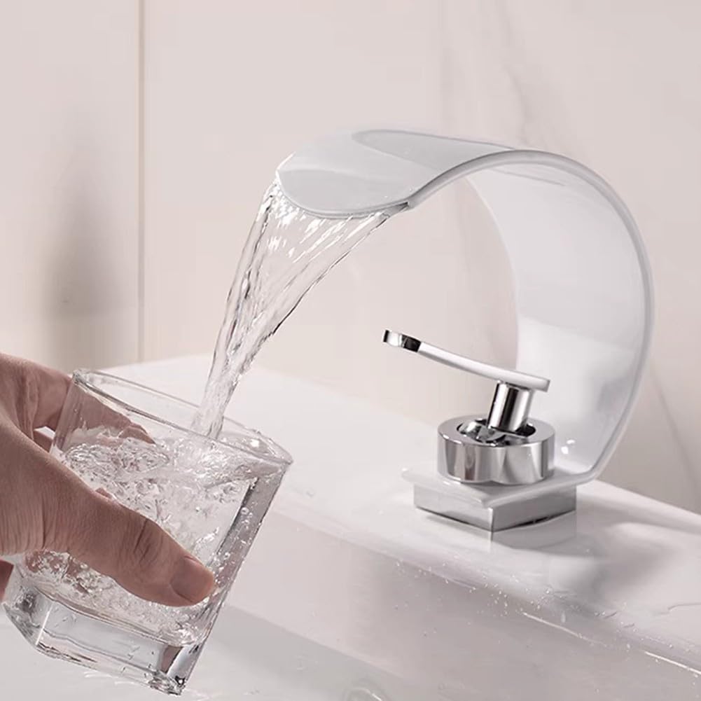 Unikalny kran zlewozmywakowy typu „Water Design”, jednootworowy, mosiężny, łazienkowy, kompatybilny z czarno-złotymi, białymi umywalkami, w nowoczesnym stylu srebrno-chromowym (biały chrom)