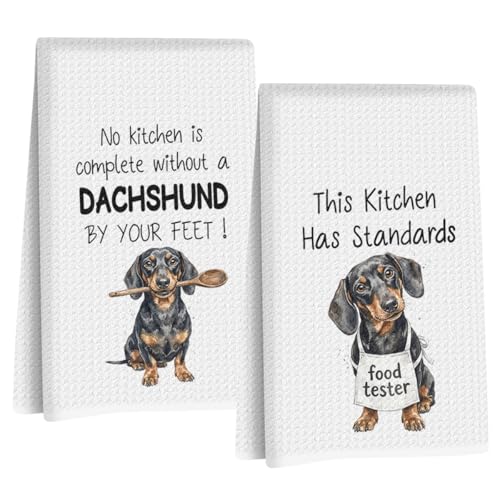 Image of 2 Pcs Funny Dachshund Kitchen Towels 24x14 Inch, Dachshund Gifts Reusable Dish Towels for Kitchen Bathroom Decor, Waffle Weave Absorbent Tea Towel, Cute Weiner Dog Gifts for Women Mom Friend
