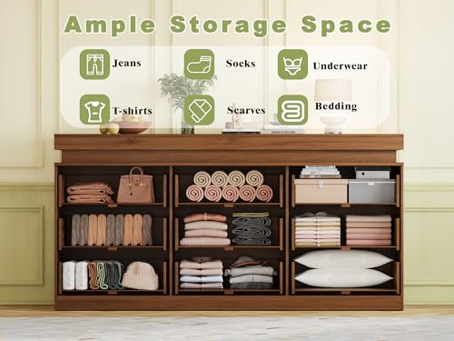 Image of 9 Drawer Dresser with LED Lights and Charging Station, 63 inch Wide Walnut Wood Fluted Dresser for Bedroom, Modern Chest of Drawers for Closet Dresser TV Stand for Living Room, Entryway, Hallway