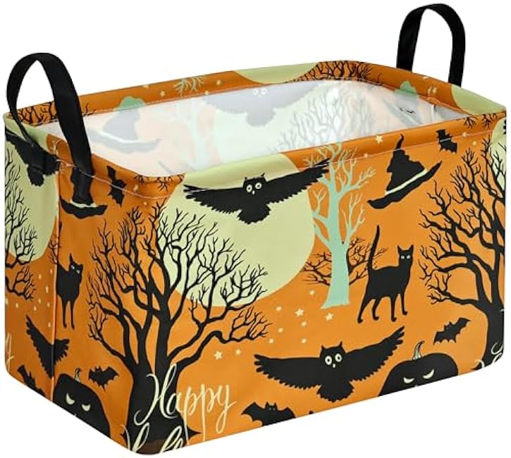 KUNRO Bat Pattern Halloween Storage Gift Basket Canvas Storage Bins with Handles Rectangle Storage Cubes Organizer for Bedroom Living Room