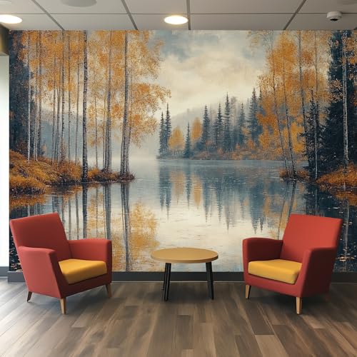 Papier peint forêt de bouleau au bord du lac pour une chambre parentale zen