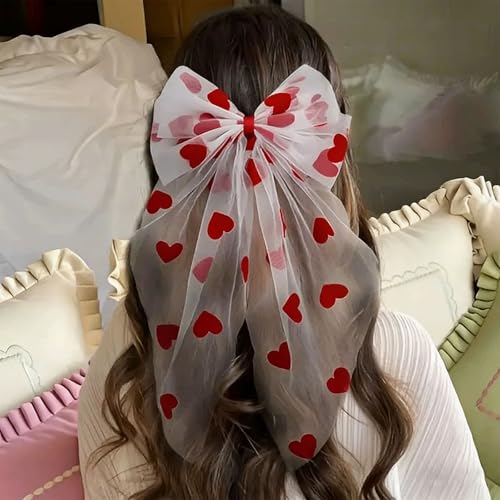 LBPEPAMZ White Bow Lace Veil with Red Heart Cherry Headband Double Layer Hair Clip with Long Ribbon Short Hair Decorations Valentines Wedding Hair Accessory Party Supplies Gifts Photo Props for Women