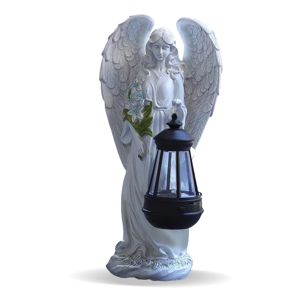 A Solar Ngel Garden Statue, Ngel Statue With Led Solar Lantern, Gifts For Mom, Grandm, Weatherproof Grave Decoration For Cemetery, Lawn, Yard