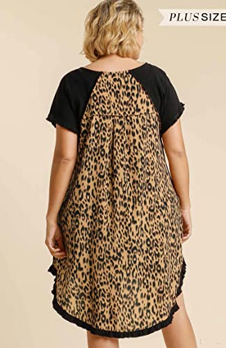 Umgee Usa Umgee Womens Linen Blend Short Sleeve Round Neck Animal Print Back Dress (1X, Black) #TOP1