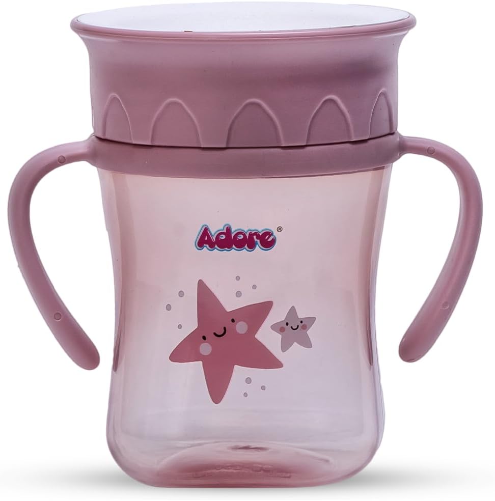 Adore Plastic Magic 360 Spoutless Sipper Cup with Handle |Baby Water Bottle for 6 to 12 Month Baby | Anti Spill Water Sipper Straw Cup for Kids for Baby for Baby & Toddlers (250Ml, Pink)