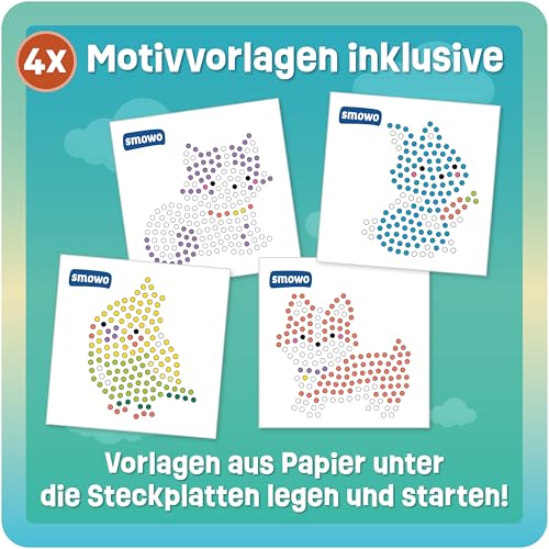 Smowo® 10mm Bügelperlen Platten Haustiere - Set mit 4 Steckplatten und Vorlagen - Hund, Katze, Vogel, Kaninchen - Große Stiftplatten für Kinder ab 3 Jahre