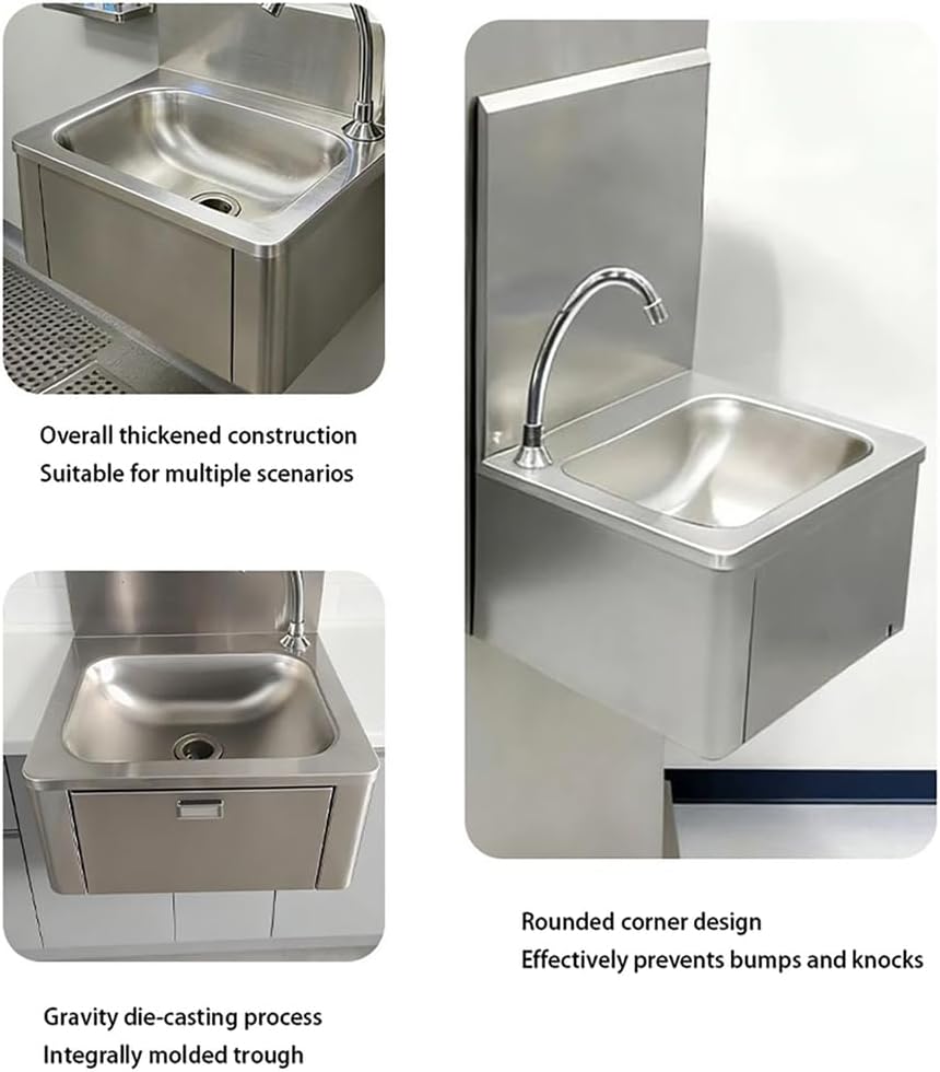 Hand Wash Basin Commercial Stainless Steel Sink with Faucet Wall Mount Kitchen Sinks Rectangle Sink Bowl for Restaurant Bar RV Bathroom Laundry Room,Silver,L20*H6*W16