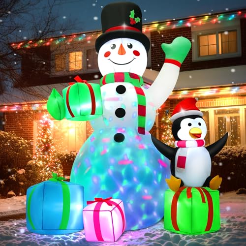 6 FT Christmas Inflatable Snowman Outdoor Decoration with Build-in Multicolor LEDs, Snowman with 4 Gifts Blow Up Inflatables Christmas for Yard Garden Lawn Xmas Holiday Decor