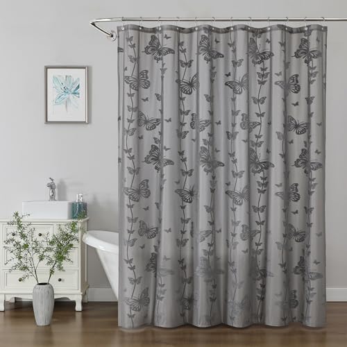 Onalasyc Grey Butterfly Shower Curtain Lace Butterfly Shower Curtains for Bathroom Grey Sheer Shower Curtain Vintage Aesthetic Decor Bathroom Waterproof Shower Cutain 12 Pcs Plastic Hooks 72x72in