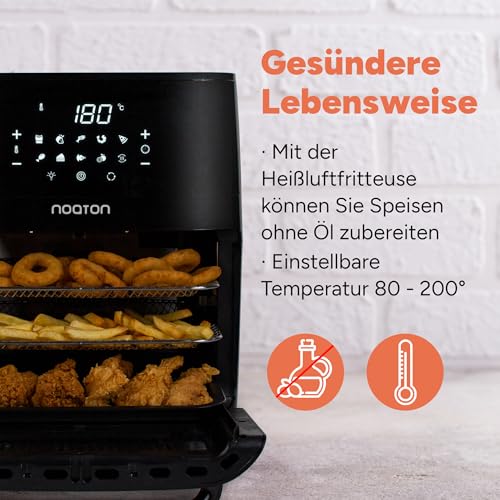 Noaton A120 Ultra Pro Heißluftfritteuse 12L, Fritteuse ohne Öl, Online Rezeptbuch und 26 cm Küchenzange, 1800W, 10 Programme, Digitalem Display, Kompakt, für 1-4 Personen, Schwarz – Bild 5