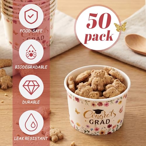 Image of Funnymoom 50 Pack Wildflower Graduation Ice Cream Cups 9 oz Class of 2026 Congrats Grad Disposable Dessert Snack Cups Floral Graduation Paper Soup Bowls for Freshly Graduated 2026 Grad Party Supplies