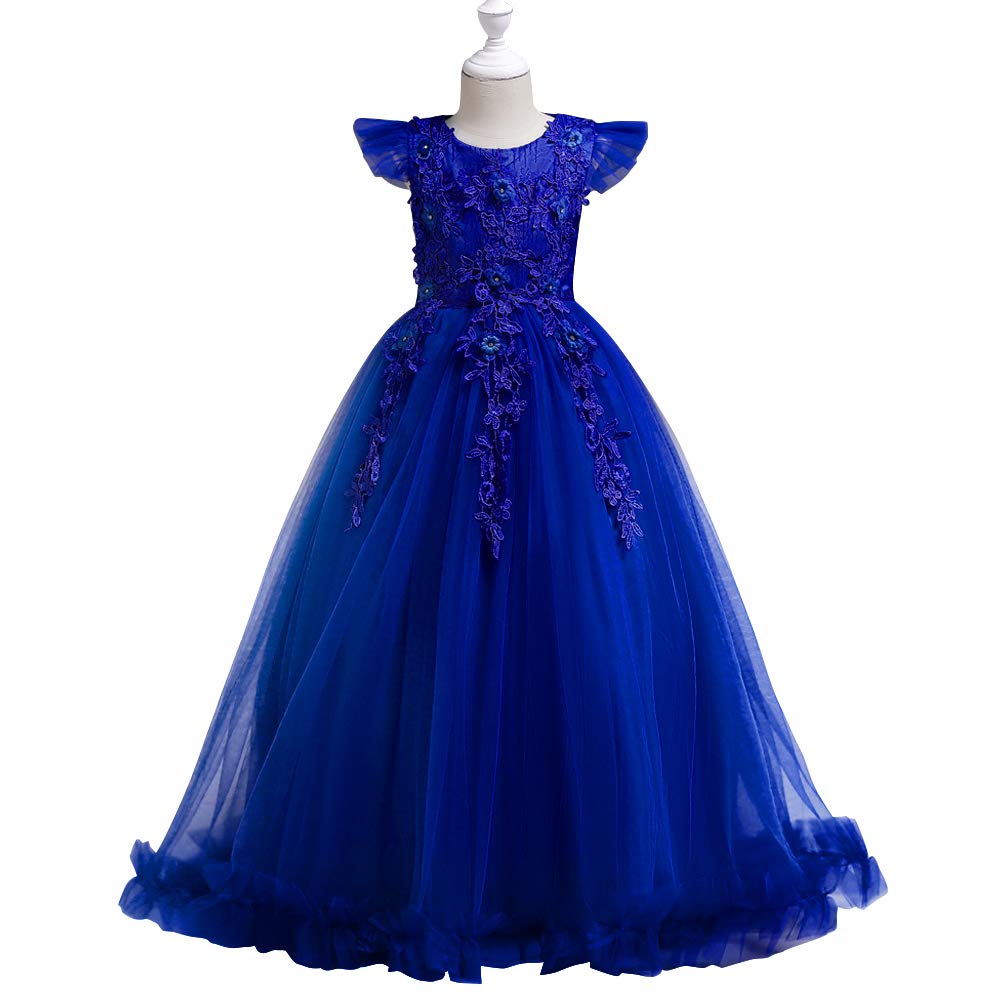 Odizli Vestiti Bambina, Vestiti Ragazza, Abito con Fiori, in Tulle, per Prima Comunione, Matrimonio, Damigella d'Onore, Abito Lungo da Sera per Compleanno, Natale, Blu, 9-10 Anni