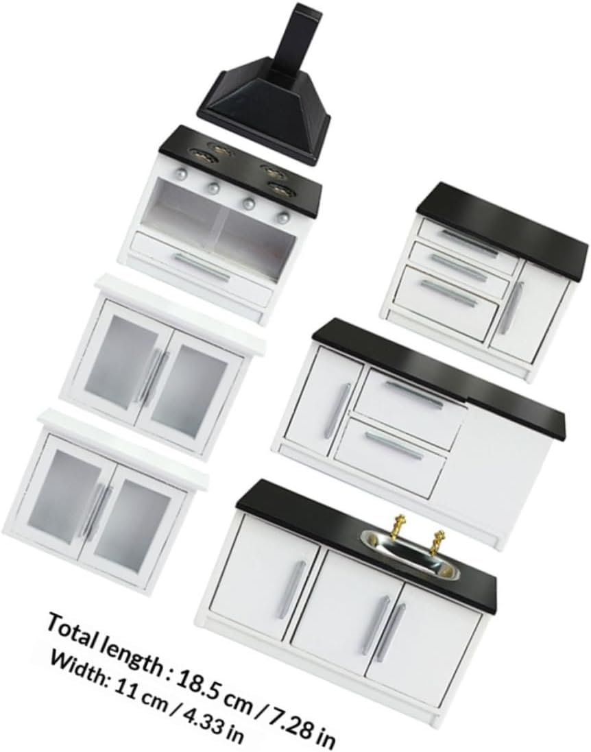 HEMOTON 12 Scale Mini Wooden Doll House Kitchen Furniture Set, White Miniature Gas Stove and Cabinet for ’ Dollhouse Decor and Play Accessories