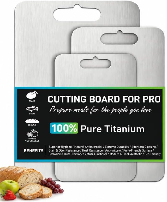 Titanium Cutting Board Set of 3, 100% Pure Titanium Cutting Boards for Kitchen, Double-Sided Food-Grade Surface, Hygienic, Scratch-Resistant & Dishwasher Safe, Perfect for Meat