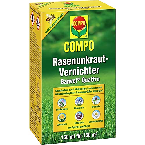 Compo Rasenunkraut-Vernichter Banvel Quattro, Bekämpfung von schwerbekämpfbaren Unkräutern im Rasen, Konzentrat, 150 ml (150 m²) Compo Rasenunkraut-Vernichter Banvel Quattro, Bekämpfung von schwerbekämpfbaren Unkräutern im Rasen, Konzentrat, 150 ml (150 m²)