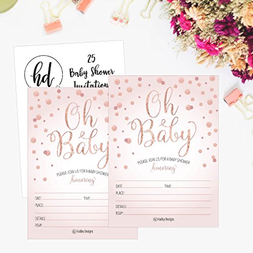25 Blush Rose Gold Girl Oh Baby Shower Invitations, Cute Princess Printed Fill Or Write In Blank Invite, Printable Shabby Chic Unique Custom Vintage Coed Twin Sprinkle Party Card Stock Paper Supplies #TOP3