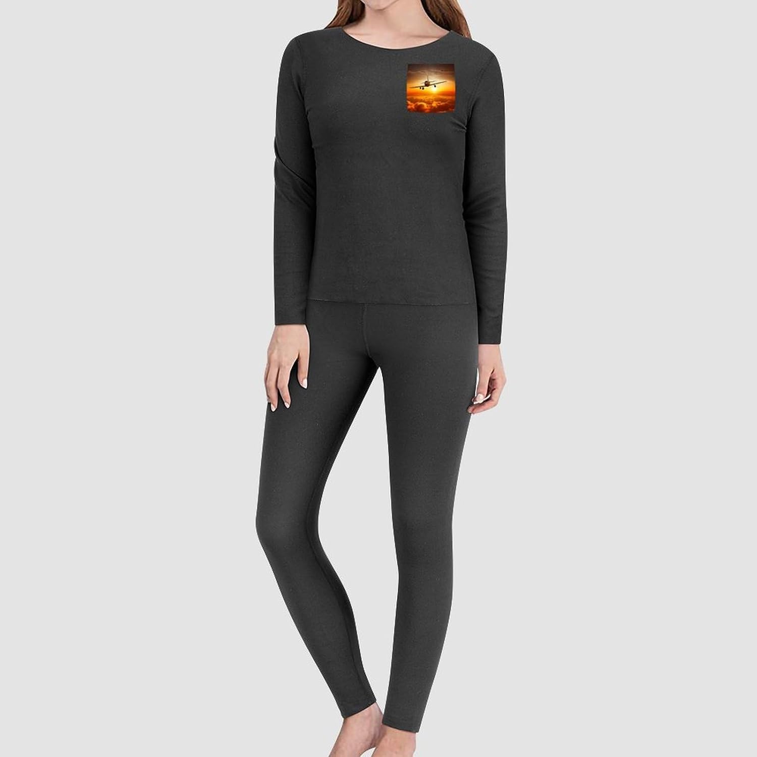 Women's Fleece Lined Thermal Set - Cold Weather Long Johns Ultra-Soft Aircraft Plane at Sunset Printed Base Layer