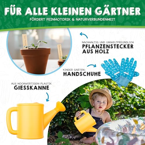 PHIBER-SPORTS Kinder Gartenwerkzeug Set (11 Teile) mit Kindergartenbuch - Gartengeräte für Kinder ab 3 Jahre, auch für Sand und Strand - Garten Werkzeug aus Metall, Gießkanne, Gartenhandschuhe, Tasche