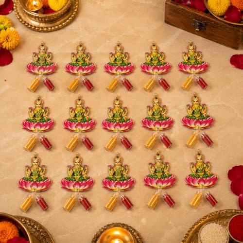Image of CraftVatika Haldi Kumkum Return Gifts in Bulk Festive Decor, Pasupu Haldi Bottle Maa Lakshami Cutout, Thamboolam Return Gifts for Wedding, Pooja, Navratri Diwali Babyshower Gift for Family (15 Pcs)