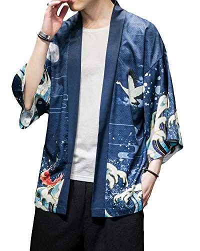 Image of Men's Japanese Kimono Robe Jacket Lightweight 3 /4 Sleeve Open Front Yukata | Silky Smooth Fashion Print Happi Coat Lightweight Breathable Loose Unisex Haori Casual Summer Cardigan Daily Beach Vacation