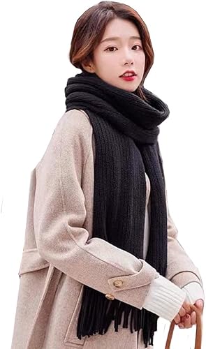 SINIDE Bufanda de punto de borla gruesa de invierno de color sólido suave cálida bufandas para mujer